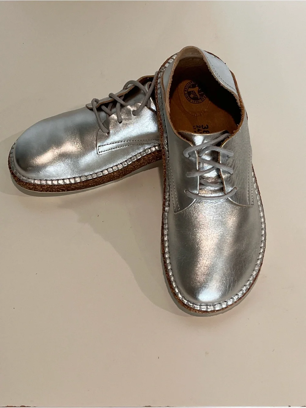 Birkenstock Gary Silver Metallic Leather Oxford NWOB 38 7.5 Regular Fit